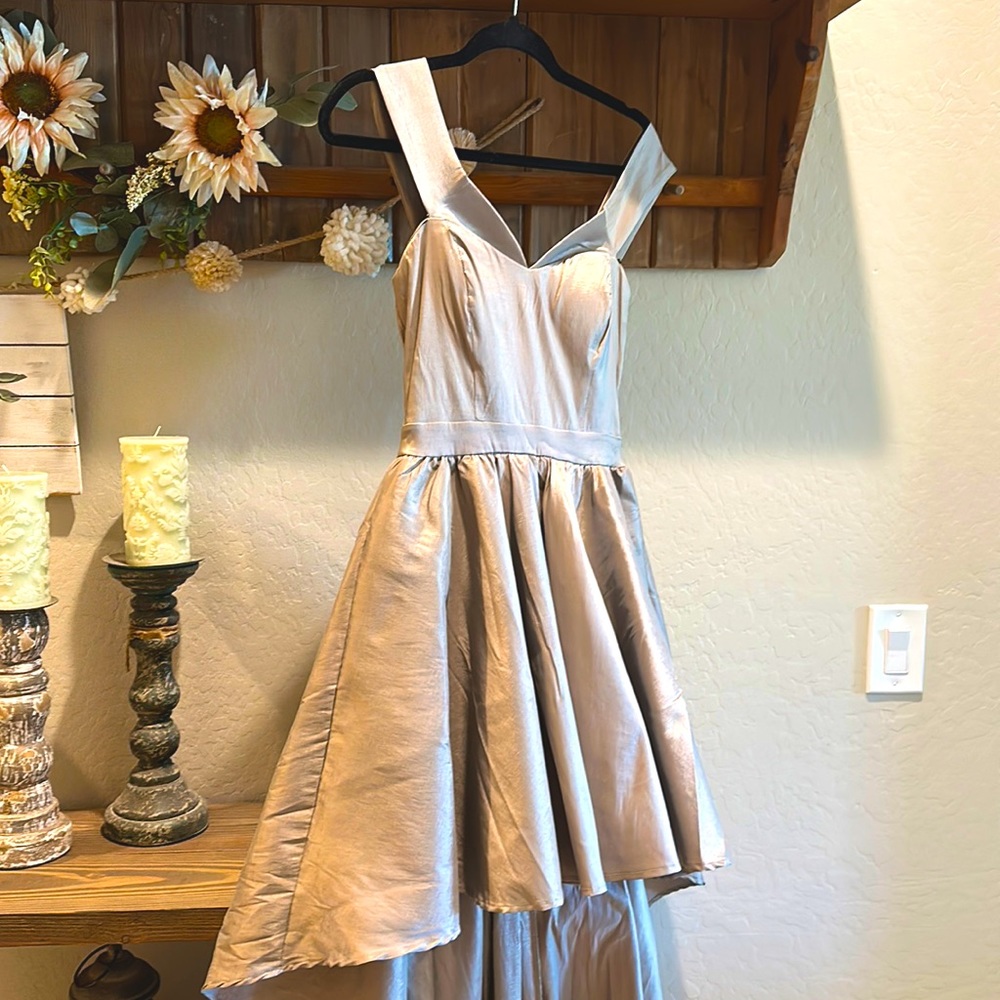Prom type dress taupe satin high low size small fitted with padded bra area